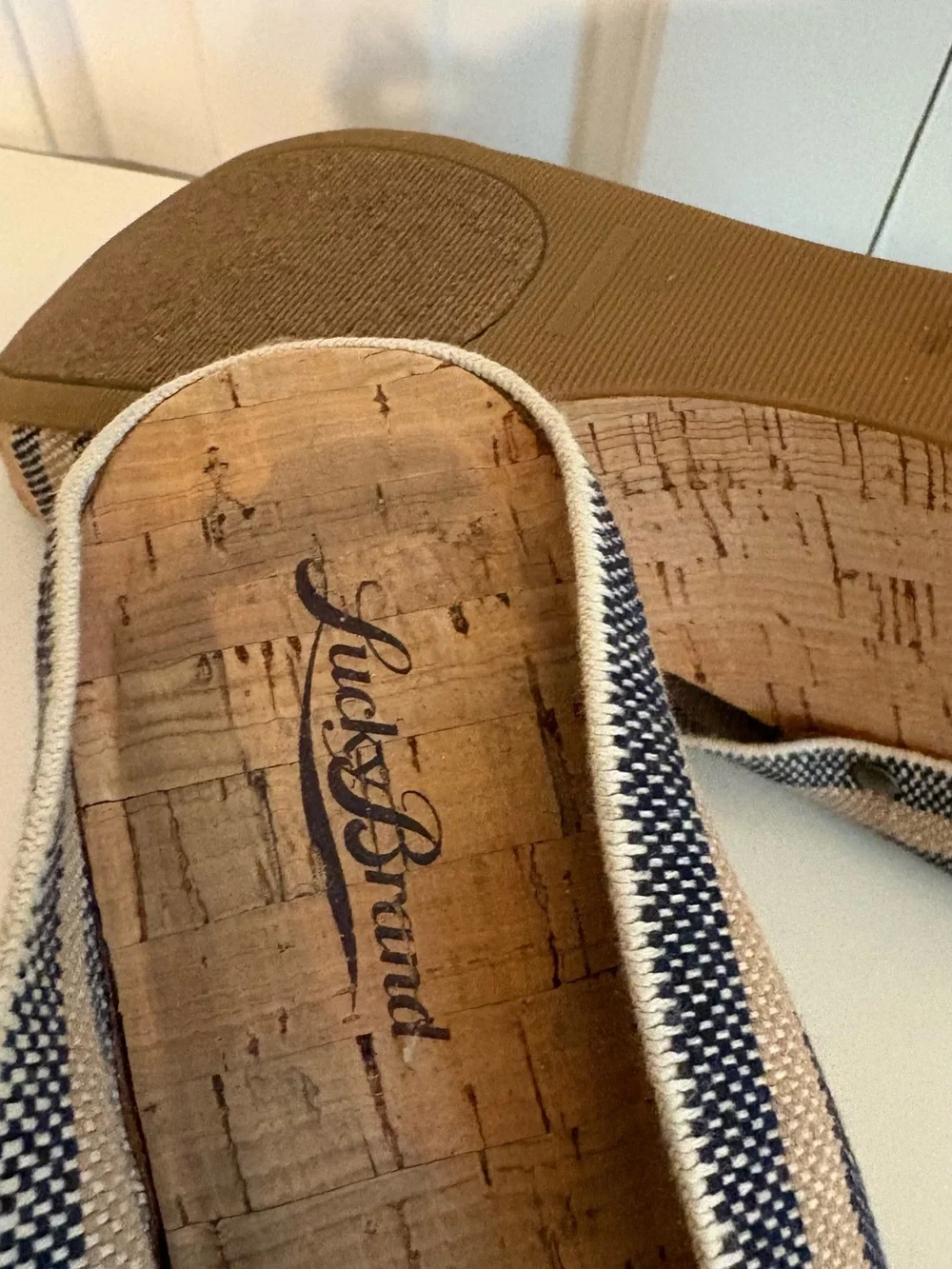 LUCKY BRAND Striped Cork Wedge Slide Sandals - Navy/Tan